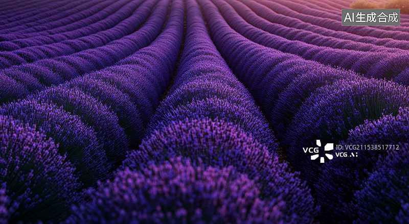 【AI数字艺术】一片美丽的薰衣草田。画面中，一排排整齐的薰衣草花丛延伸至远方，花朵呈现出深浅不一的紫色，背景是柔和的图片素材