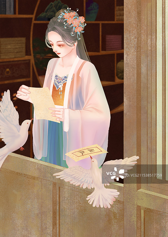 站在窗户门前读信鸽送信的古风汉服女人图片素材