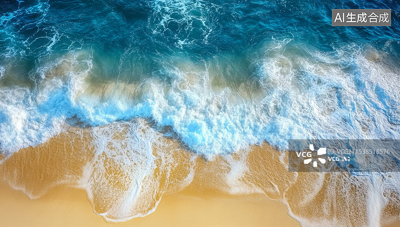 【AI数字艺术】一片海滩的俯视图，海浪轻轻拍打着沙滩。海水呈现出美丽的蓝绿色，波纹清晰可见，泡沫在岸边形成白色的浪花图片素材