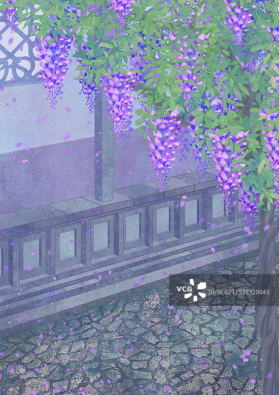 中式复古传统历史建筑庭院子生长盛开紫藤花图片素材