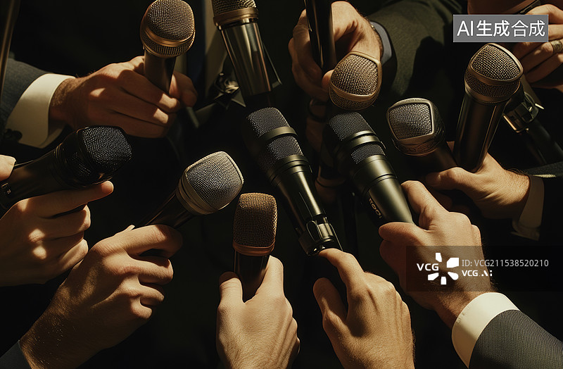 【AI数字艺术】一群记者手持麦克风进行采访的场景。背景是模糊的绿色植物，前景中可以看到多只不同颜色和型号的麦克风被伸图片素材