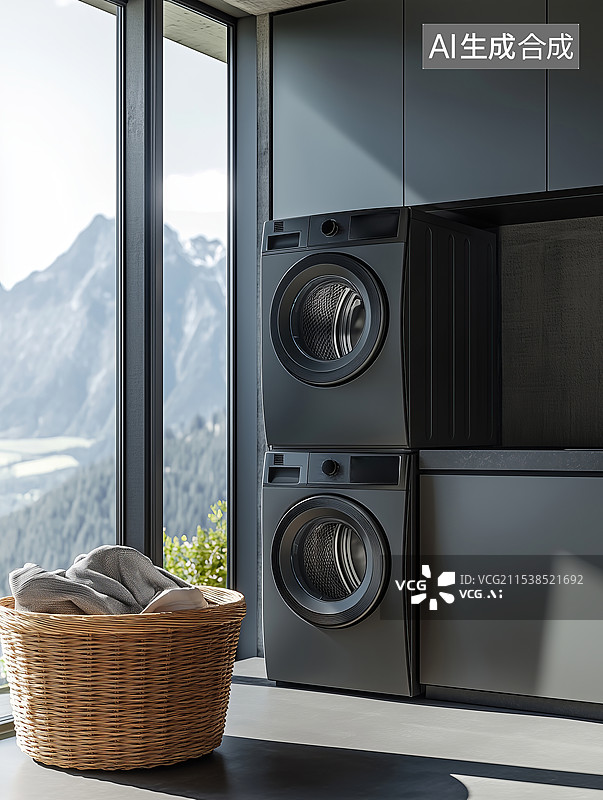 【AI数字艺术】3D室内洗衣机三维空间场景图片素材