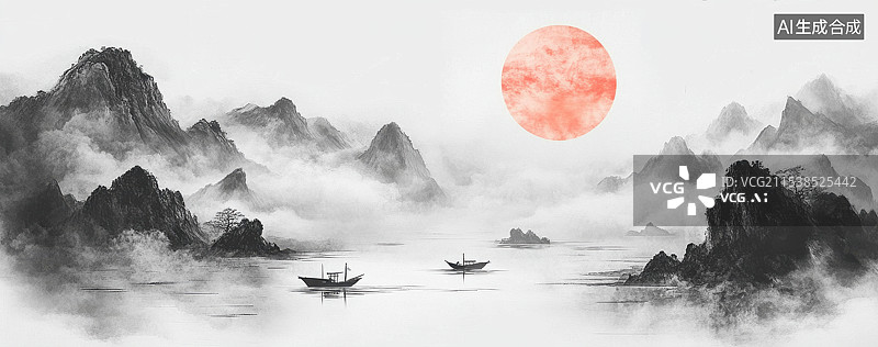 【AI数字艺术】大气意境日出日落风光山水画水墨画图片素材