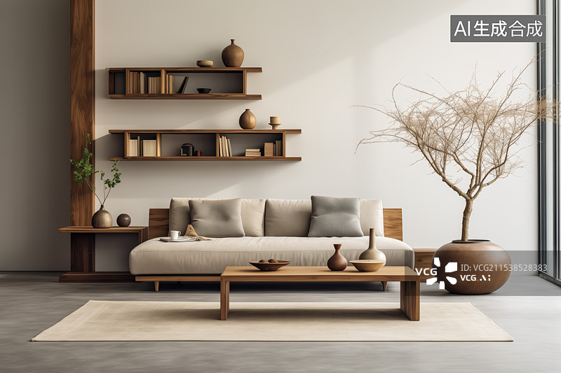 【AI数字艺术】现代简约新中式客厅图片素材