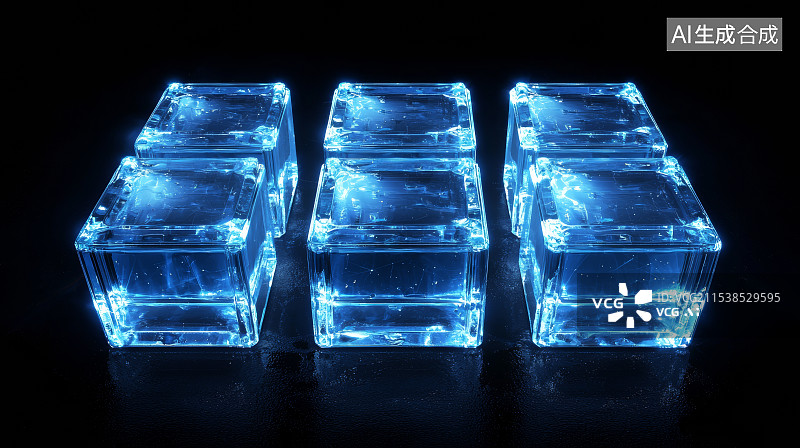 【AI数字艺术】透明蓝色发光立方体展示图片素材