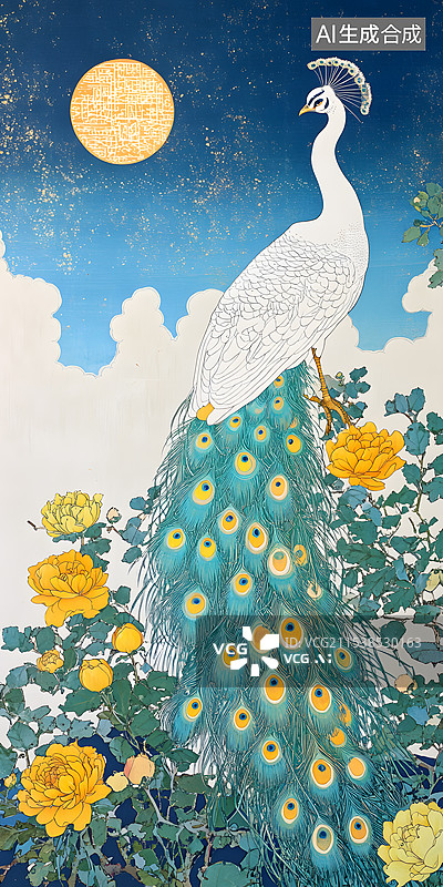 【AI数字艺术】华丽白孔雀手绘风格插画图片素材