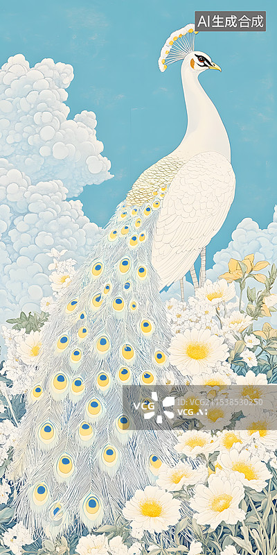 【AI数字艺术】华丽白孔雀手绘风格插画图片素材
