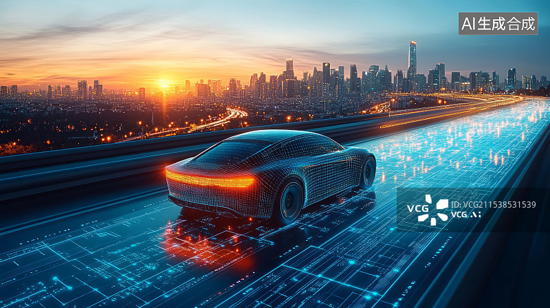 【AI数字艺术】城市公路上行驶的智能汽车，自动驾驶技术概念图片素材