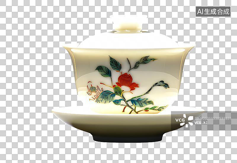 【AI数字艺术】盖碗茶，一个陶瓷盖碗，茶盏，茶杯茶具，瓷器，茶道，茶文化，喝茶饮茶免抠元素图片素材