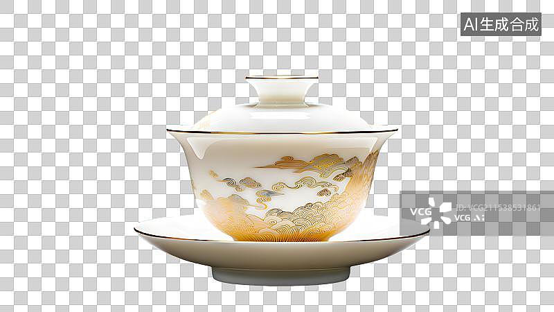 【AI数字艺术】盖碗茶，一个陶瓷盖碗，茶盏，茶杯茶具，瓷器，茶道，茶文化，喝茶饮茶免抠元素图片素材