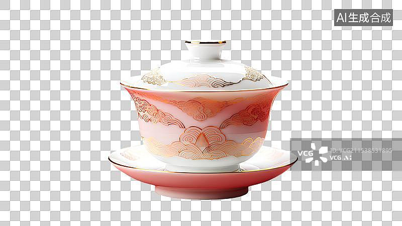 【AI数字艺术】盖碗茶，一个陶瓷盖碗，茶盏，茶杯茶具，瓷器，茶道，茶文化，喝茶饮茶免抠元素图片素材