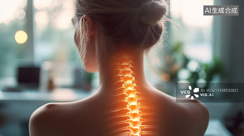 【AI数字艺术】女性脊椎和颈椎病疼痛医学概念图图片素材