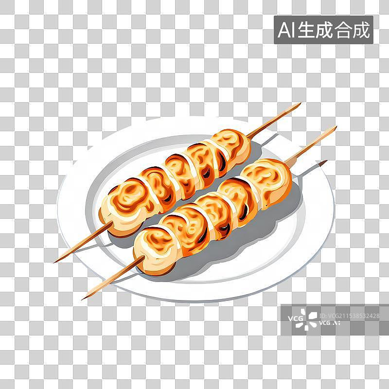 【AI数字艺术】手绘插画，烤串，放在盘子里的烤丸子，美食免抠元素图片素材
