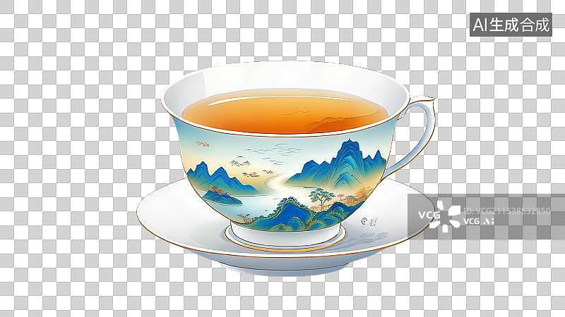 【AI数字艺术】国风手绘插画，一个茶杯，一杯茶，茶道，茶文化，喝茶免抠元素图片素材
