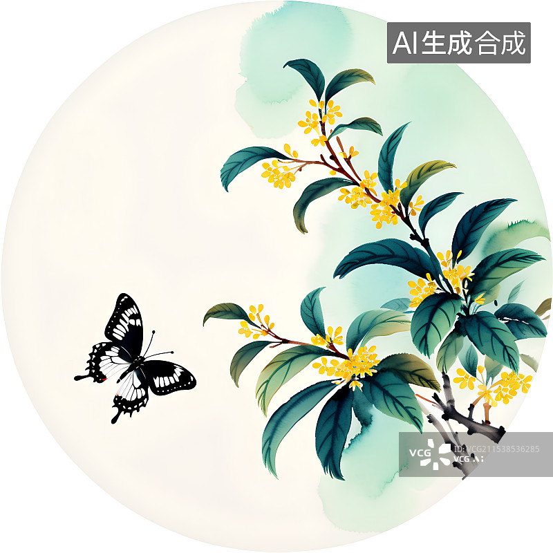 【AI数字艺术】古风手绘插画，桂花，木樨花，蝶恋花，植物花卉，中国画，水墨画圆形扇面图片素材