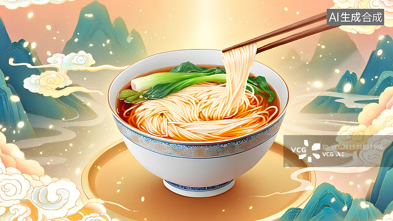 【AI数字艺术】国风插画，一碗面条图片素材