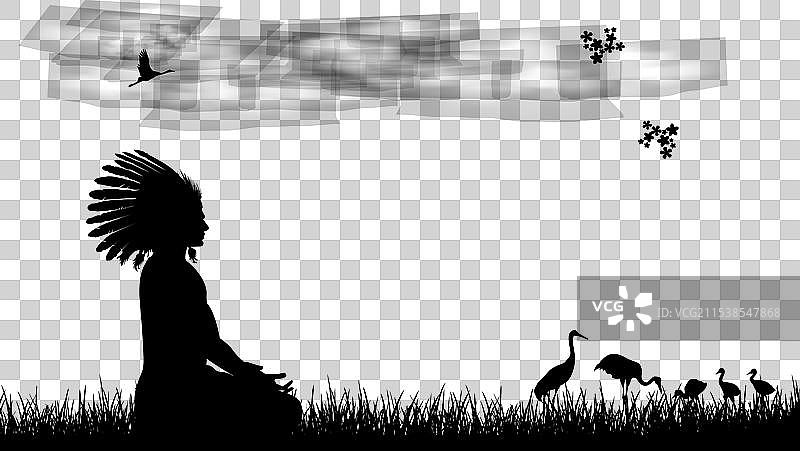 美国印第安人在日落背景下图片素材