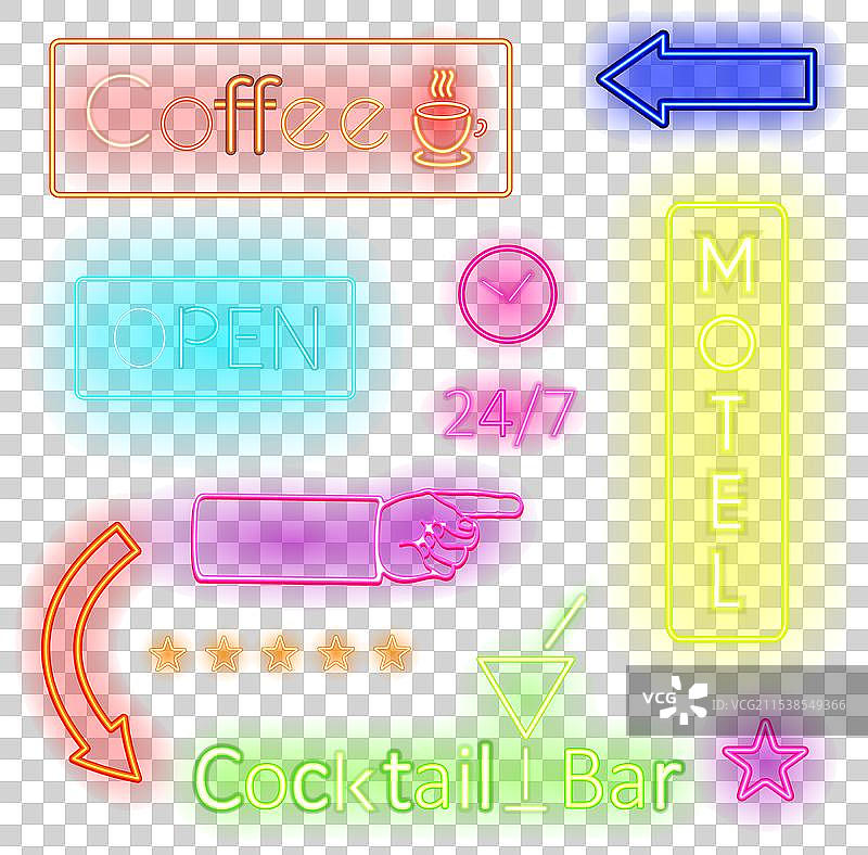 咖啡馆和汽车旅馆招牌的发光霓虹灯图片素材