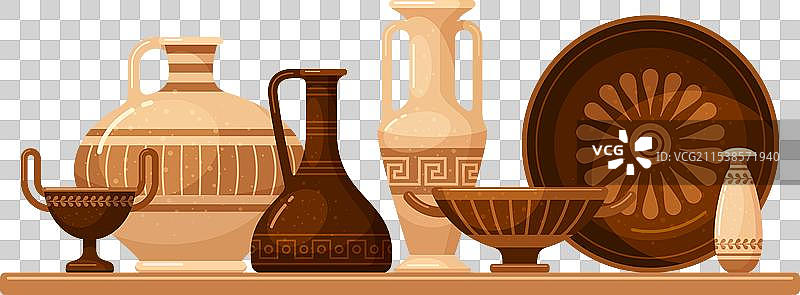 古董陶瓷架上的陶罐和工艺工具图片素材