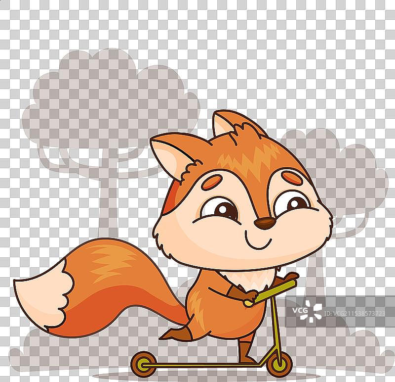 快乐的卡通狐狸在公园骑滑板车图片素材