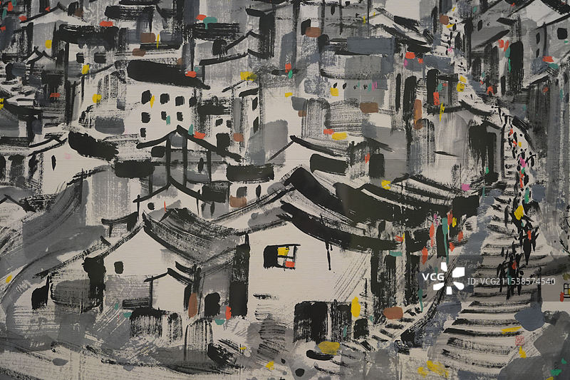 吴冠中纸本水墨设色《老重庆》，现代艺术之路林风眠与吴冠中画展，清华大学艺术博物馆图片素材