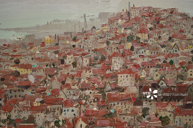 吴冠中木板油画《青岛红楼》，现代艺术之路林风眠与吴冠中画展，清华大学艺术博物馆图片素材