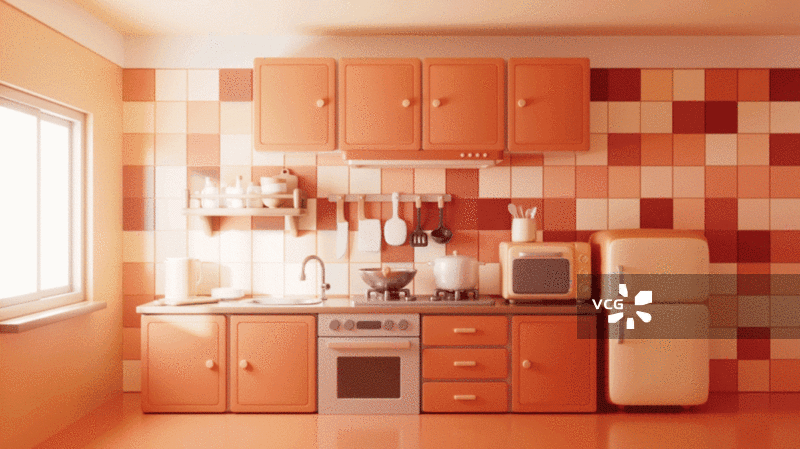 卡通风格厨房与厨具光影动画三维渲染图片素材