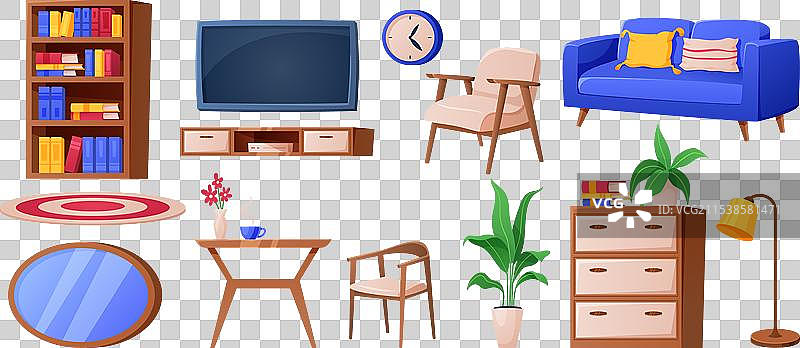 卡通风格的房间内部，桌子、沙发和书架图片素材