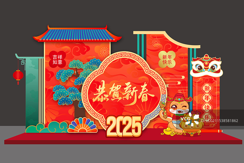 新年红色春节元旦美陈布置舞台背景龙门拱门门头门楼拍照框合影框蛇年卡通形象图片素材