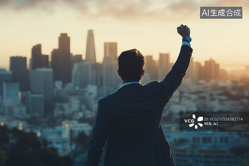 【AI数字艺术】城市黄昏背景下年轻的奋斗者举起手臂为自己加油鼓劲图片素材
