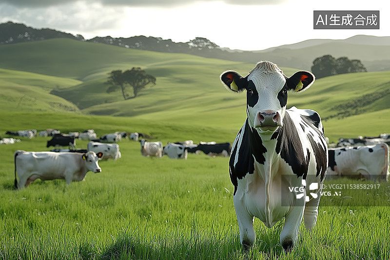 【AI数字艺术】牧场草原上的一尺奶牛图片素材