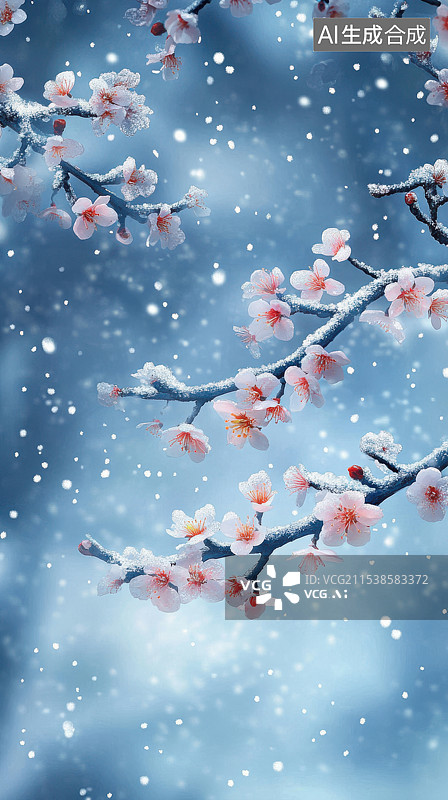 【AI数字艺术】冬天梅花下雪雪景插画图片素材