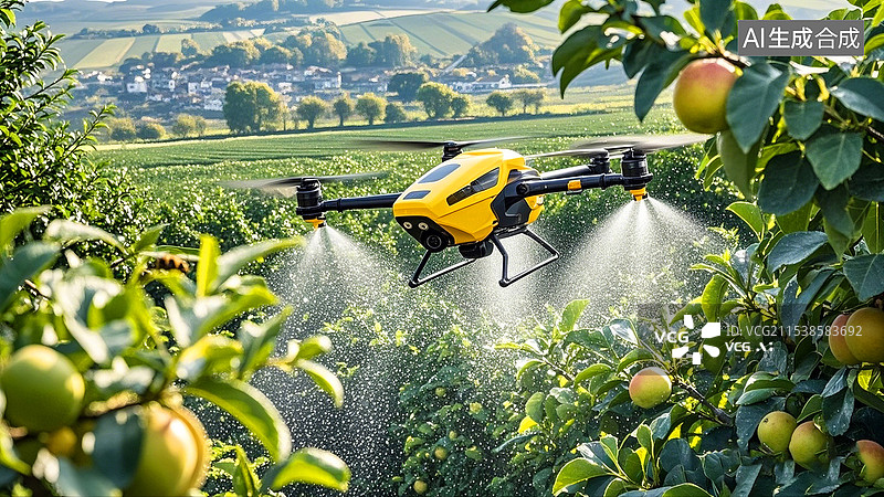 【AI数字艺术】果园农业植保无人机喷洒农药图片素材