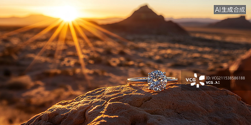 【AI数字艺术】沙漠中闪耀的钻石戒指：浪漫求婚与婚礼概念爱情与承诺的奢华珠宝背景图片素材