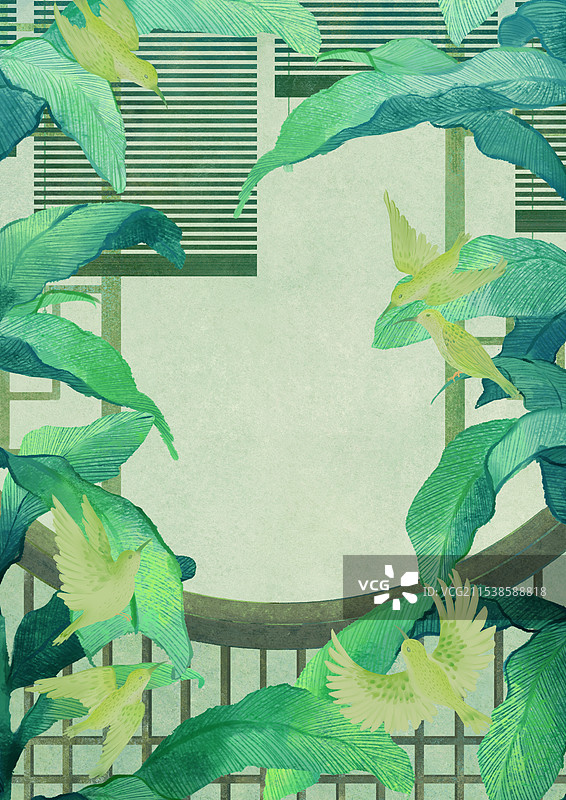 飞鸟类动物屏风隔断芭蕉叶竹帘窗帘窗框门框图片素材