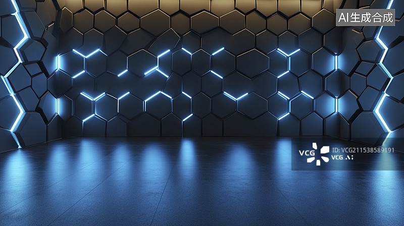 【AI数字艺术】科幻的室内淡蓝色六边形科技背景图片素材