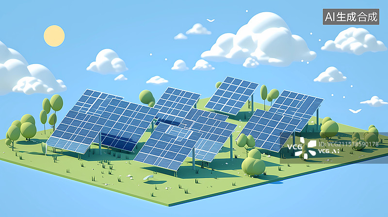 【AI数字艺术】草地上的太阳能电池板新能源3D插画图片素材