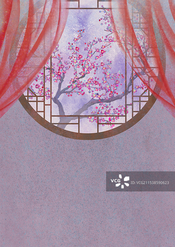 帷幔幕布网纱镂空花纹花窗窗户外植物梅花图片素材