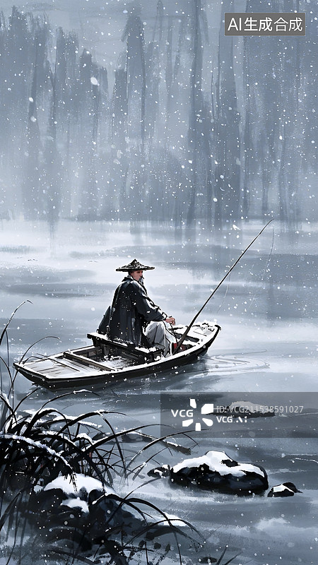 【AI数字艺术】独钓寒江雪插画图片素材