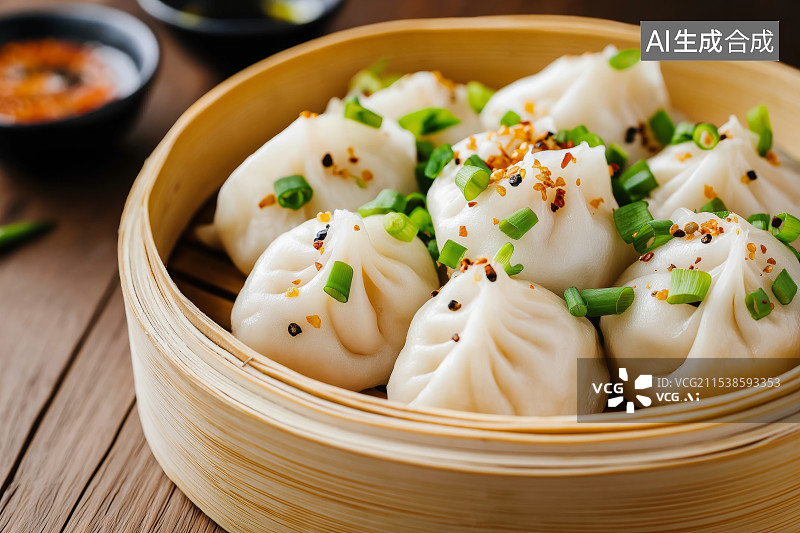 【AI数字艺术】蒸笼中撒着葱花的小笼包图片素材