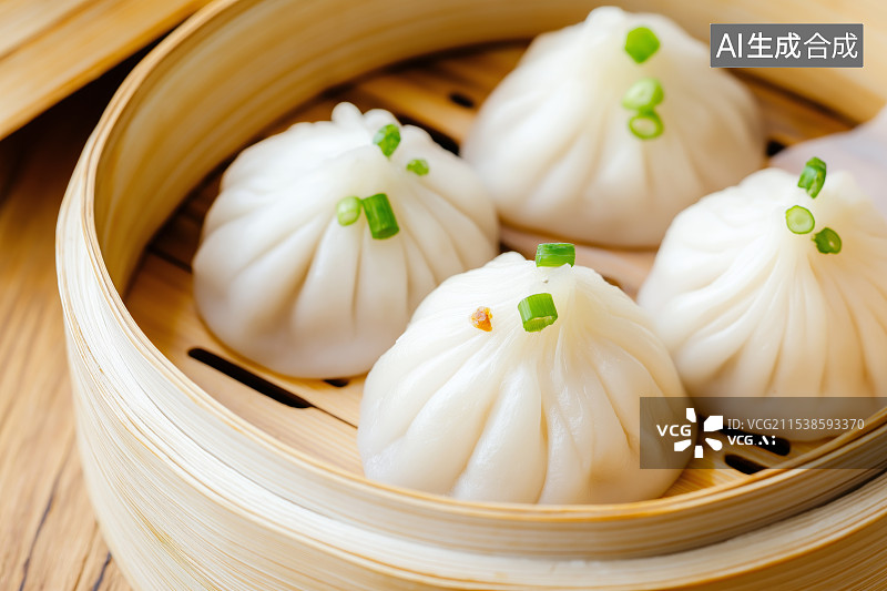 【AI数字艺术】蒸笼中撒着葱花的小笼包图片素材