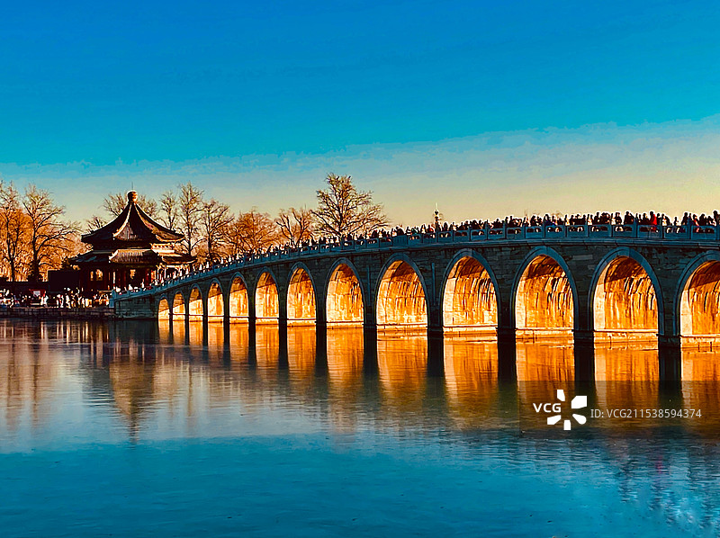 夕阳下的桥．．．金光穿洞图片素材