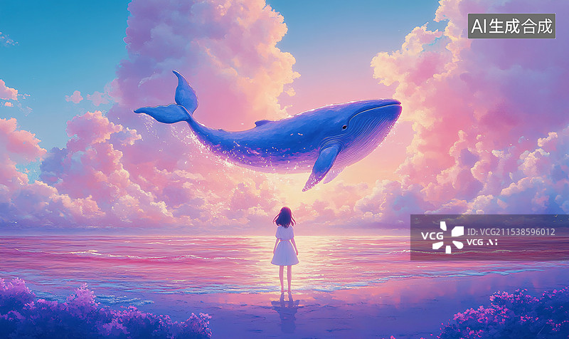 【AI数字艺术】鲸鱼浮出海面、跳跃的壮观景象，梦幻场景的美丽与神秘，小女孩纯真、遐想与惊叹图片素材
