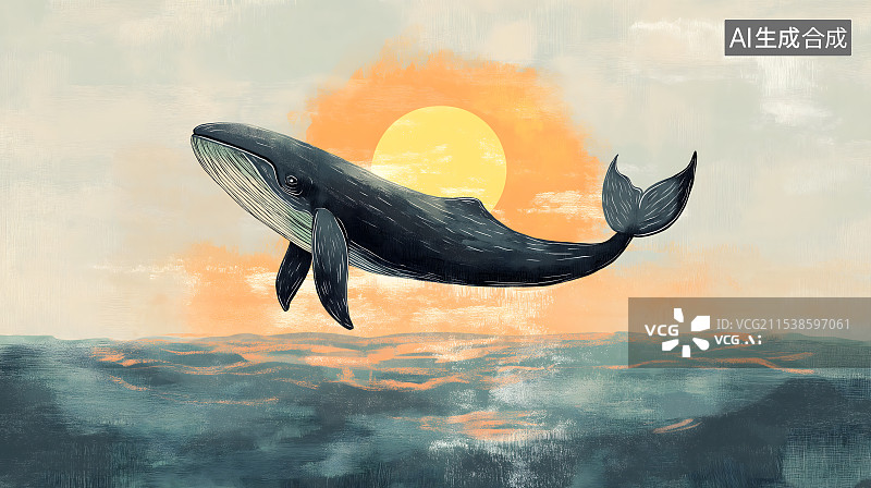 【AI数字艺术】一条鲸鱼跃出海面图片素材