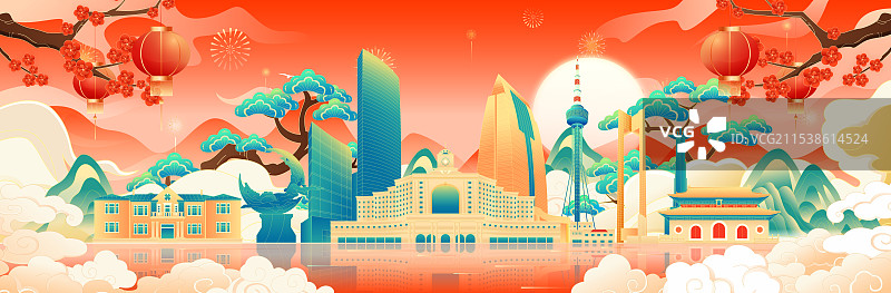国风蛇年春节新年长春城市建筑矢量插画图片素材