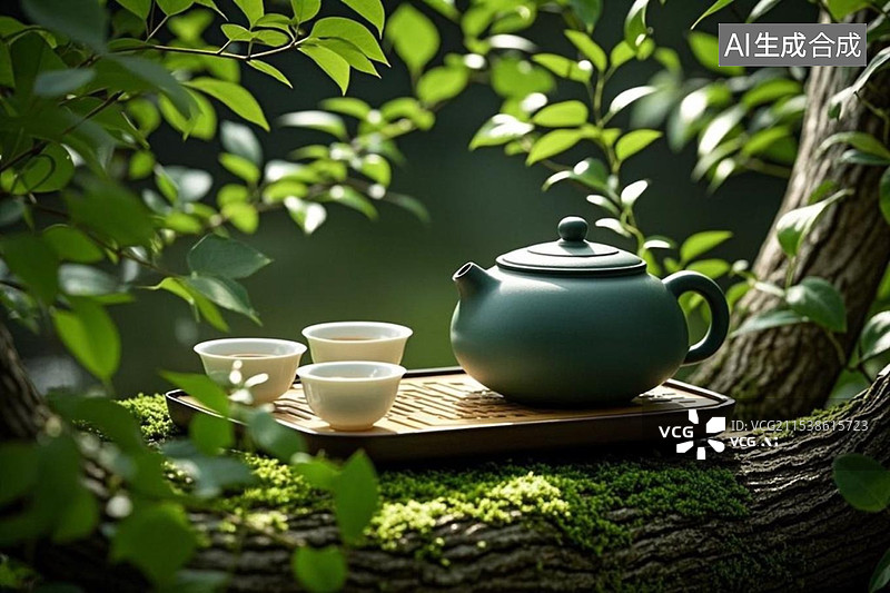 【AI数字艺术】树叶下的紫砂壶茶具图片素材