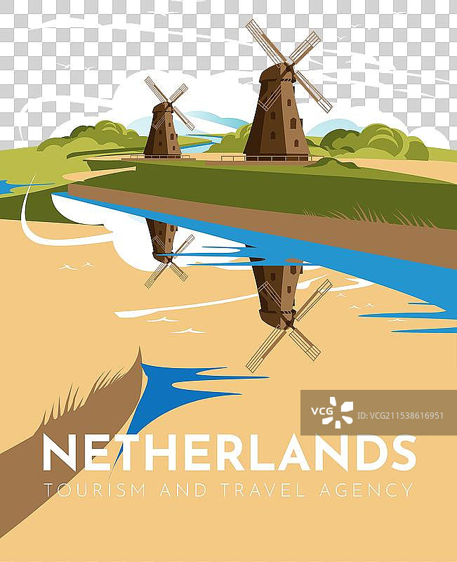 荷兰传统风车在河上图片素材