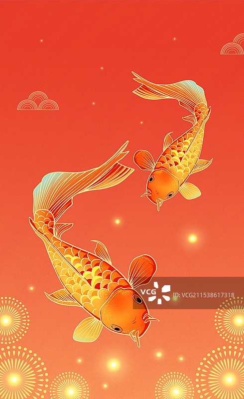 手绘国潮风红色渐变锦鲤鲤鱼清新唯美治愈系插画图片素材