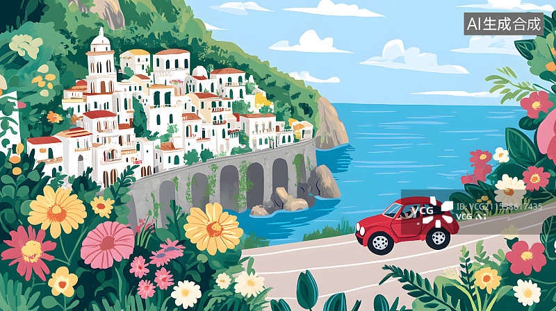 【AI数字艺术】旅行扁平风格蓝天白云小镇公路海岛公交车交通工具插画配图图片素材