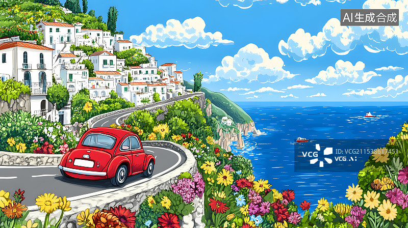【AI数字艺术】旅行扁平风格蓝天白云小镇公路海岛公交车交通工具插画配图图片素材